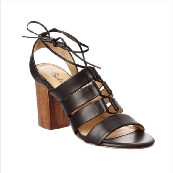 9,5 New Splendid Brayden Lace Up Sandals Block Heel Black Leather Gladiator - Picture 2 of 11